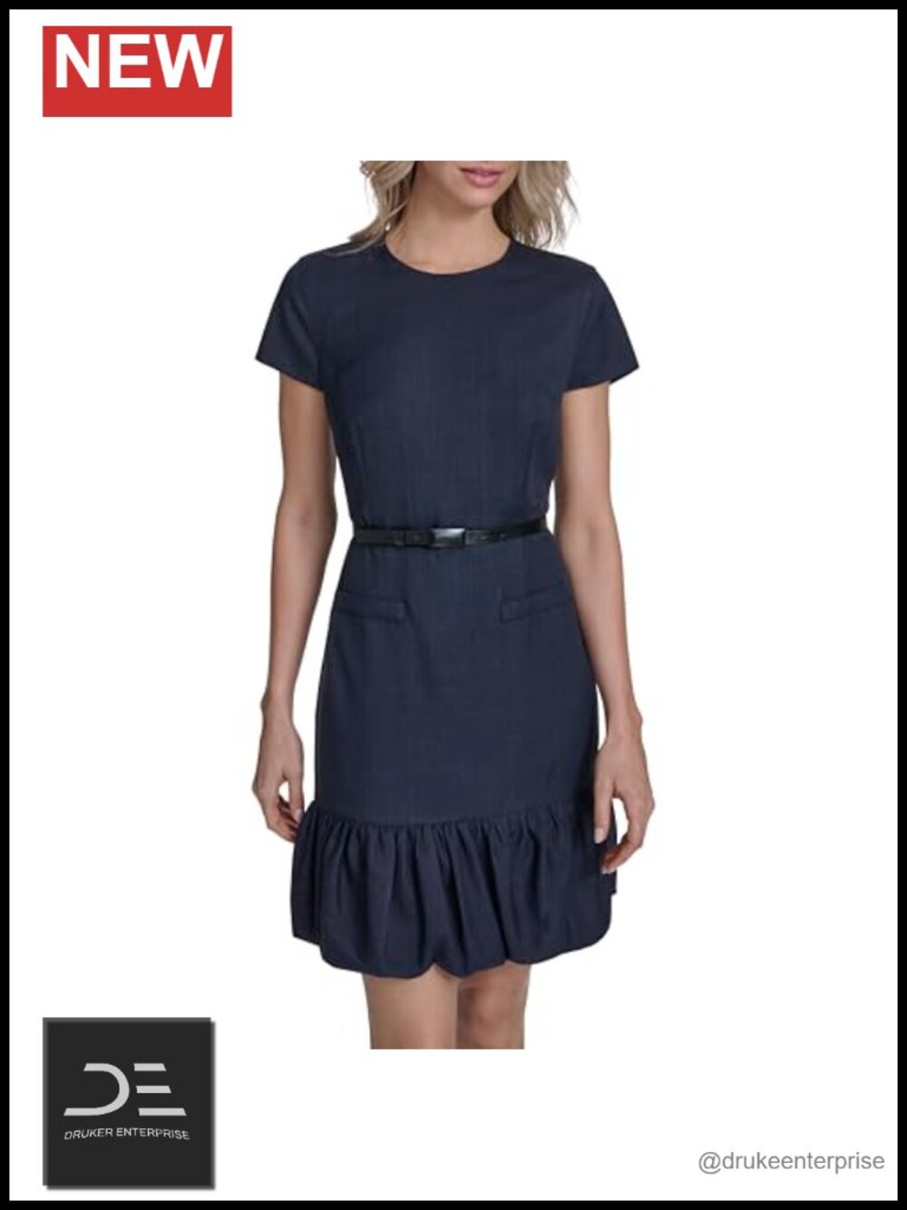 Short Sleeve Round Neck Belted Bubble Hem A-Line Dress